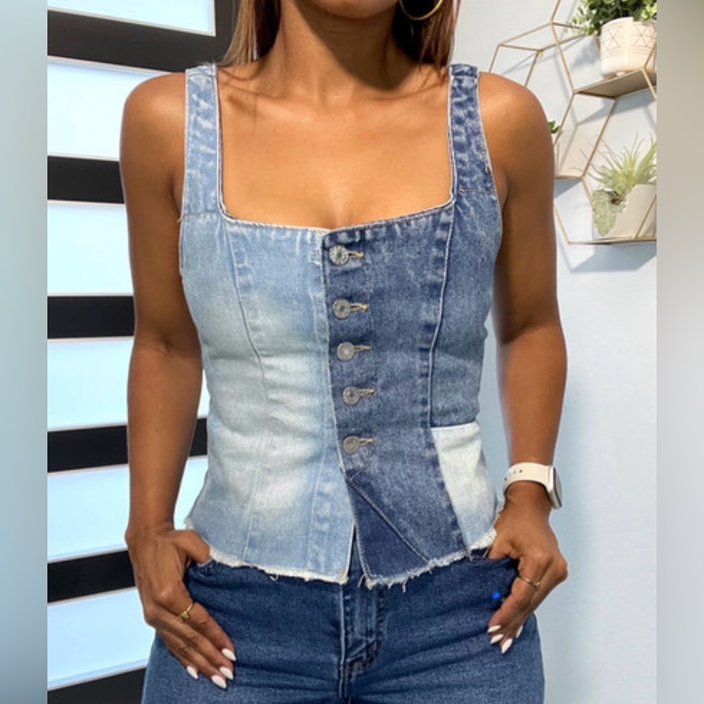 Women's Two-Tone Denim Button-Up Top